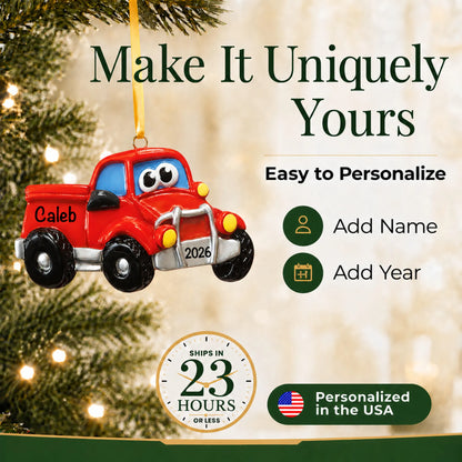Make it yours: add name and year to the personalized pickup truck christmas ornament