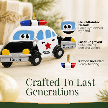 Hand-painted details and laser engraved personalization on the police car christmas ornament, ribbon included