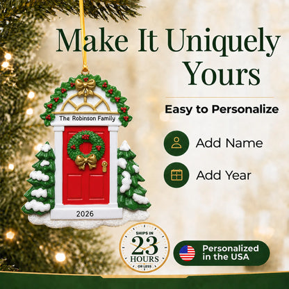 Make it yours: personalize the Red Door christmas ornament with a name and the year