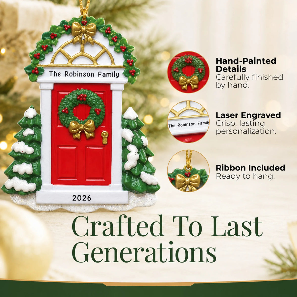 Hand-painted, laser engraved Red Door christmas ornament, ribbon included