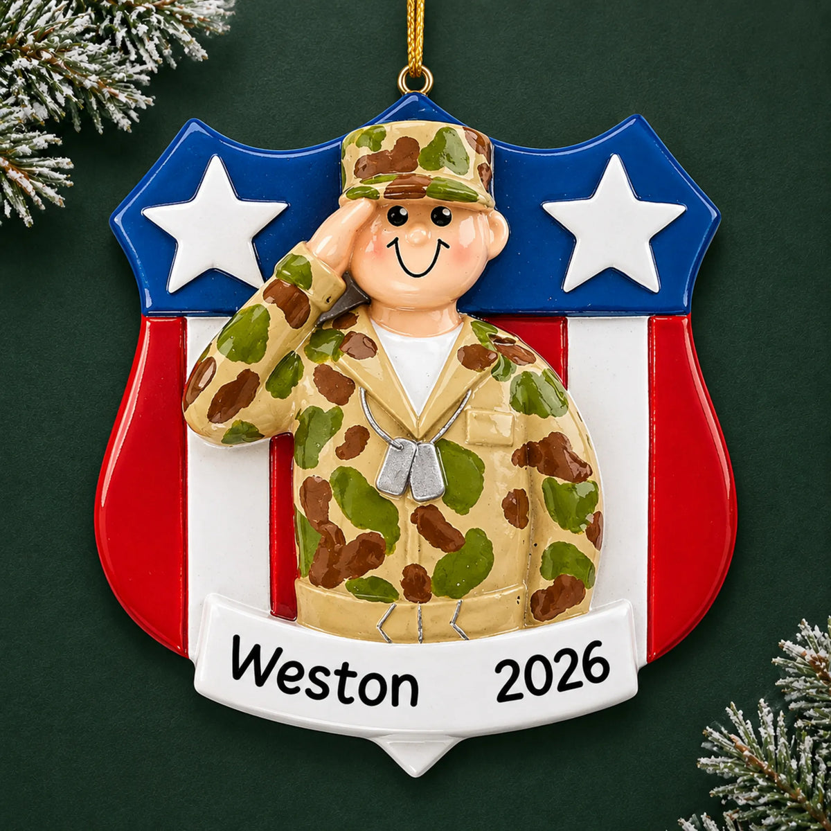 Personalized Army soldier USA shield Christmas ornament with name and year, shown on a green holiday background