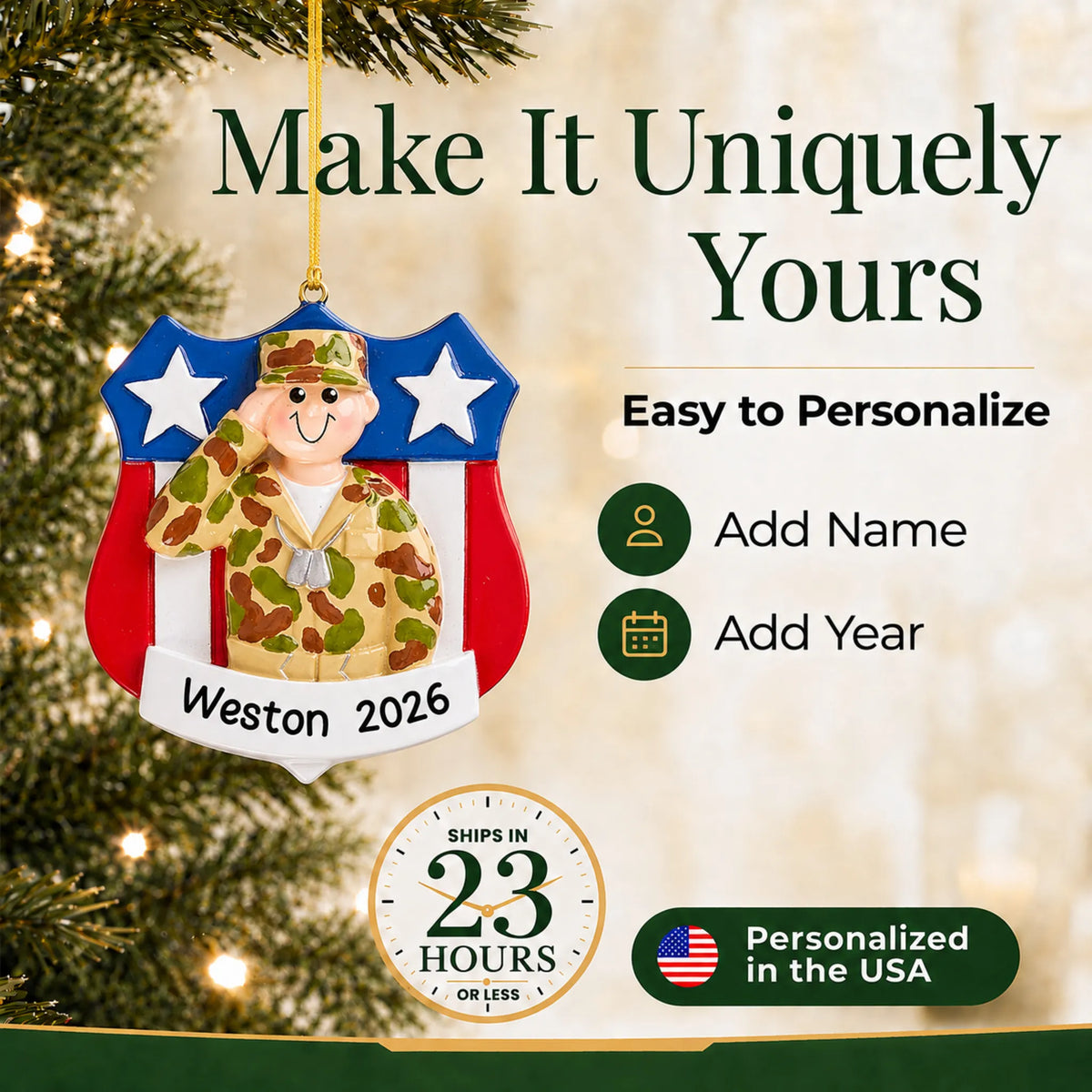 Personalize the Army soldier USA shield Christmas ornament with your details, ships in 23 hours, personalized in the USA