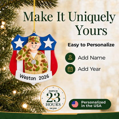 Personalize the Army soldier USA shield Christmas ornament with your details, ships in 23 hours, personalized in the USA