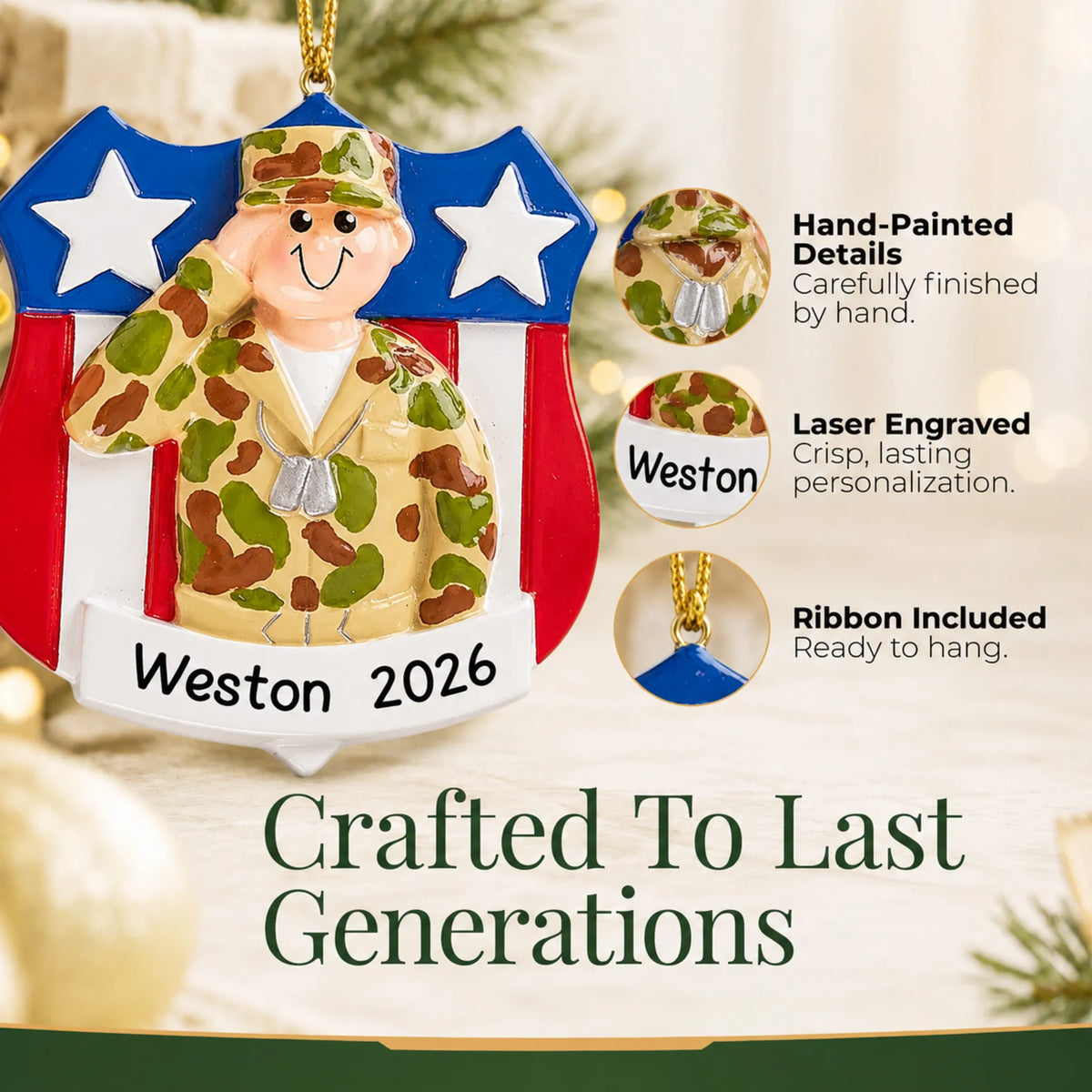 Close-up of the Army soldier USA shield Christmas ornament: hand-painted finish, laser engraving, ribbon included
