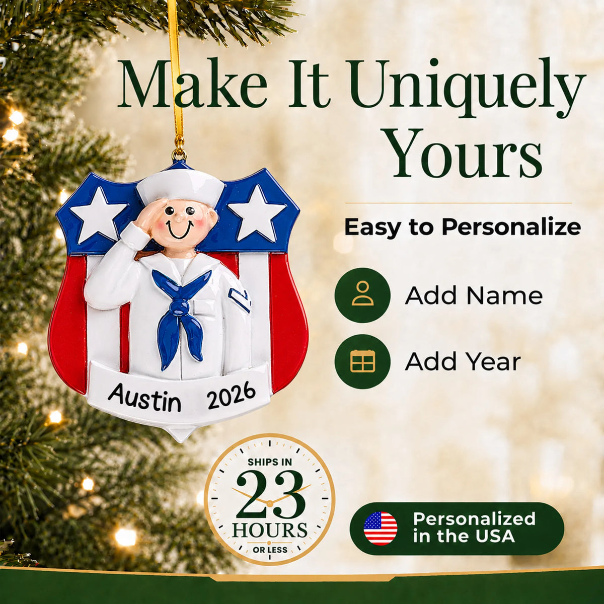 Personalize the Navy sailor USA shield Christmas ornament with your details, ships in 23 hours, personalized in the USA