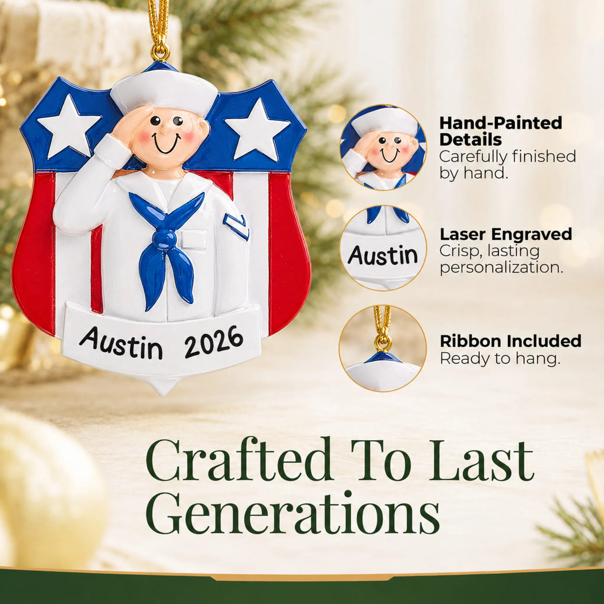 Close-up of the Navy sailor USA shield Christmas ornament: hand-painted finish, laser engraving, ribbon included