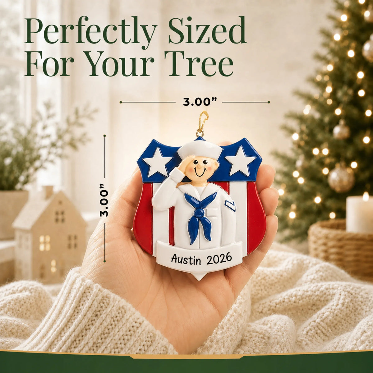 Personalized Navy sailor USA shield Christmas ornament held in hand to show its size on the tree