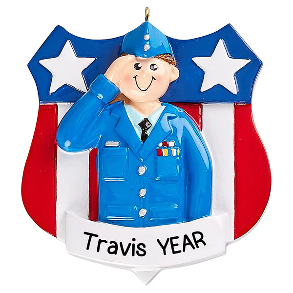 Personalized Christmas ornament featuring a male Air Force service member in a blue dress uniform saluting, set against a red, white, and blue star shield, ready for custom name engraving.