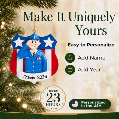 Personalize the Air Force service member Christmas ornament with your details, ships in 23 hours, personalized in the USA