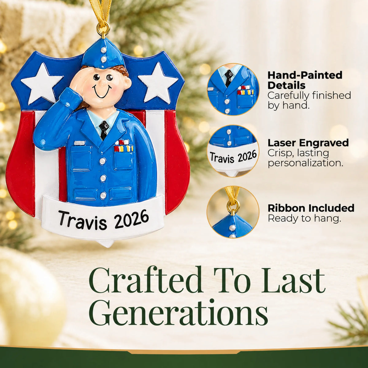 Close-up of the Air Force service member Christmas ornament: hand-painted finish, laser engraving, ribbon included