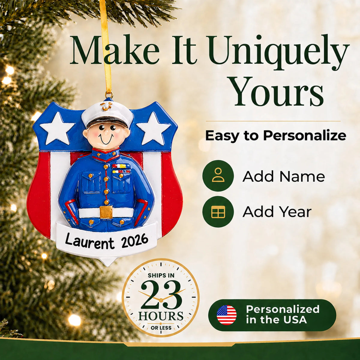 Personalize the Marine Corps dress blues Christmas ornament with your details, ships in 23 hours, personalized in the USA