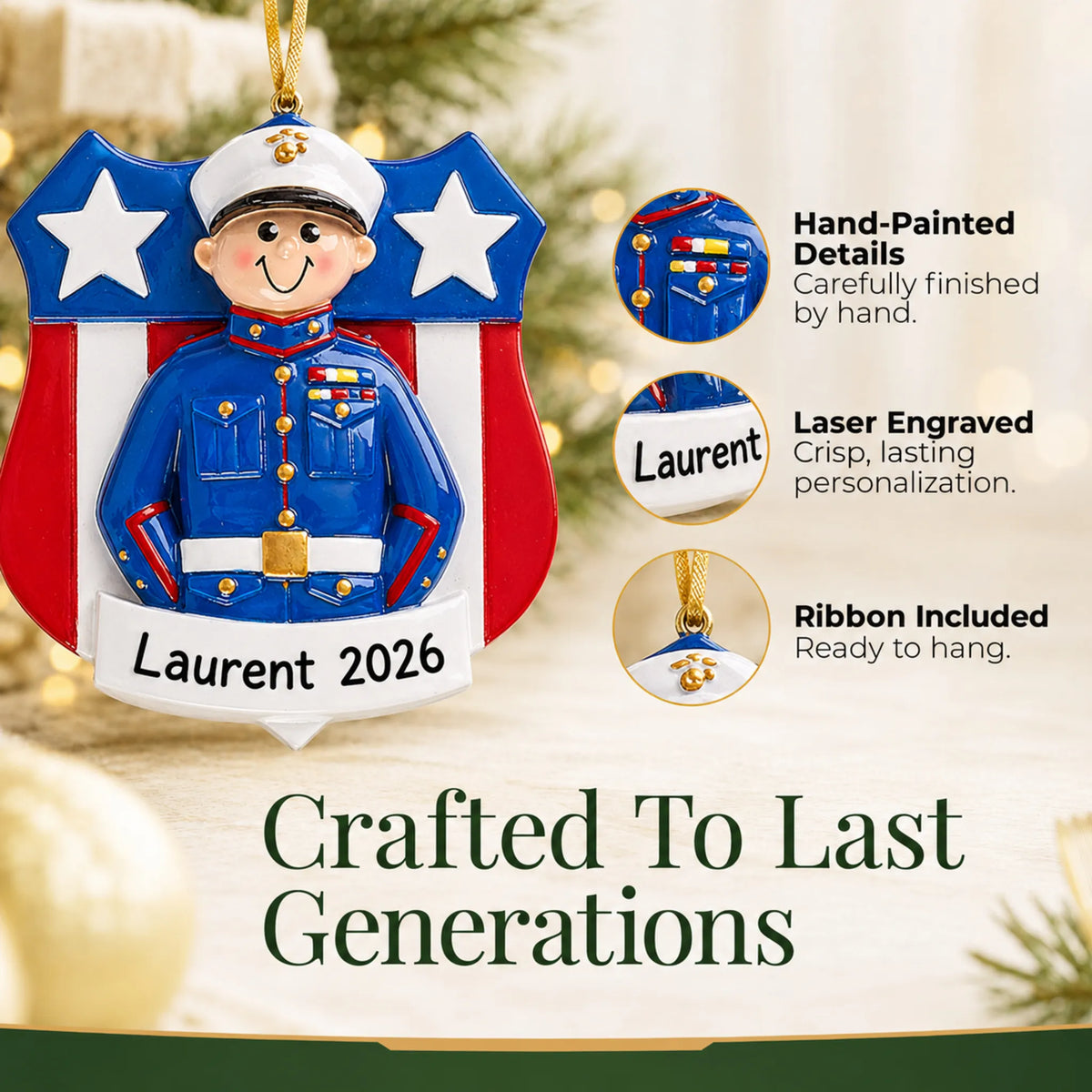 Close-up of the Marine Corps dress blues Christmas ornament: hand-painted finish, laser engraving, ribbon included