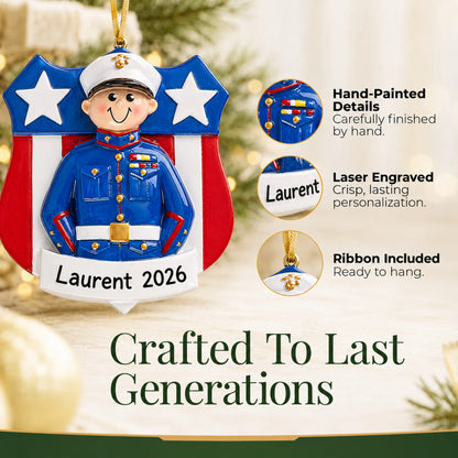 Close-up of the Marine Corps dress blues Christmas ornament: hand-painted finish, laser engraving, ribbon included