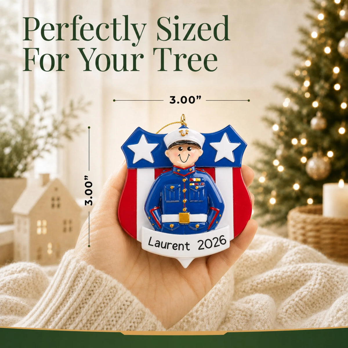 Personalized Marine Corps dress blues Christmas ornament held in hand to show its size on the tree