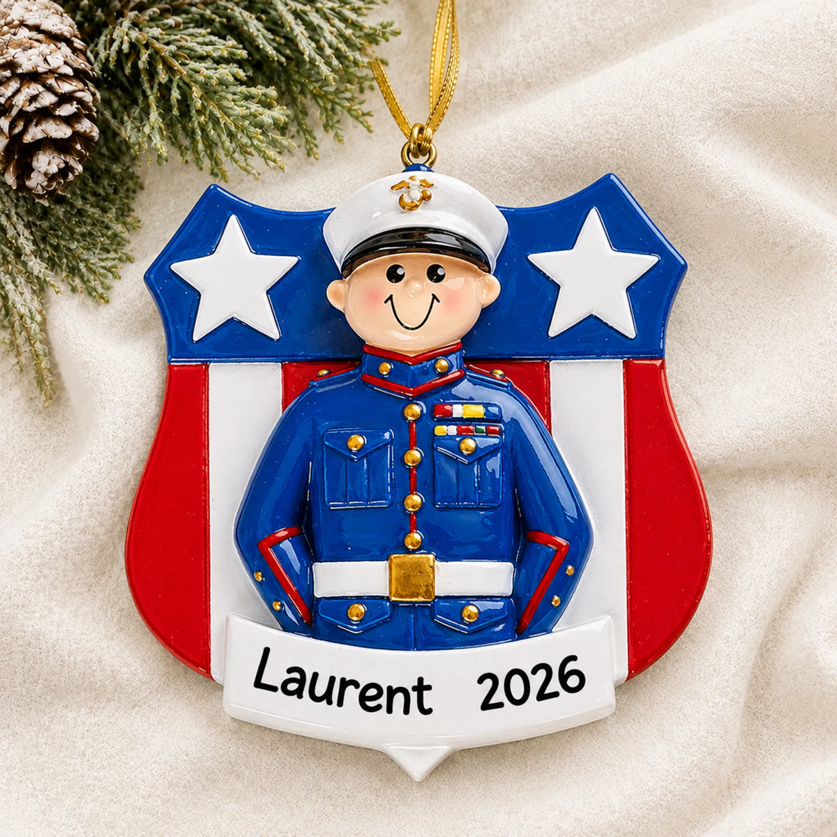 Personalized Marine Corps dress blues Christmas ornament shown on a soft white blanket