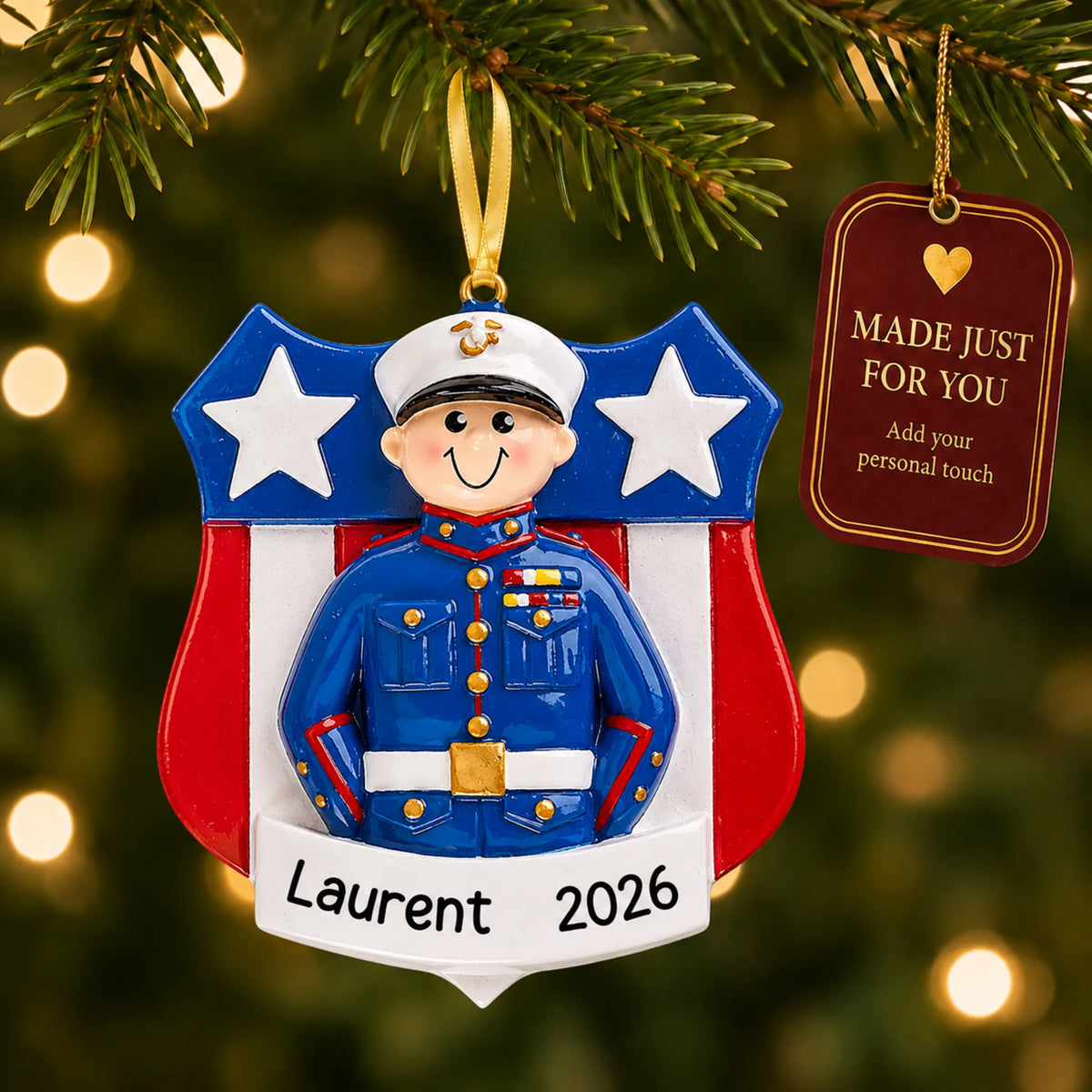 Personalized Marine Corps dress blues Christmas ornament hanging among tree lights with a Made Just For You tag
