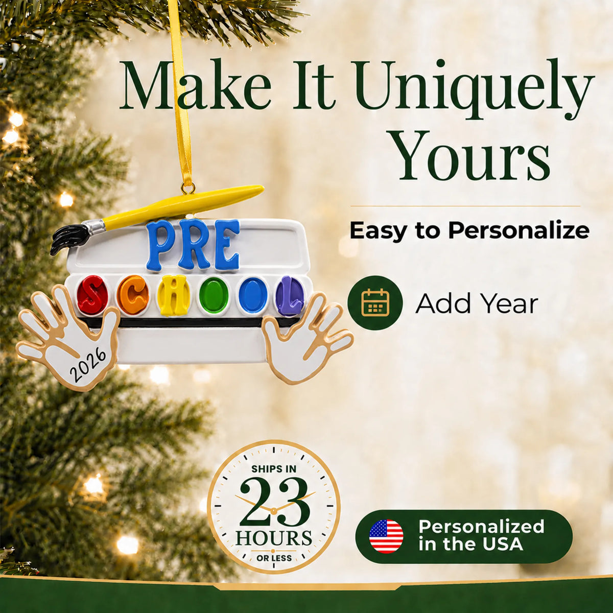 Personalize the preschool Christmas ornament with your details, ships in 23 hours, personalized in the USA