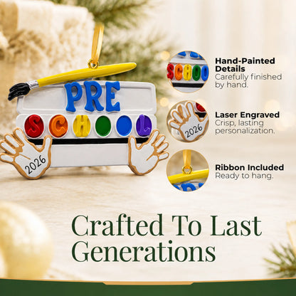 Close-up of the preschool Christmas ornament: hand-painted finish, laser engraving, ribbon included