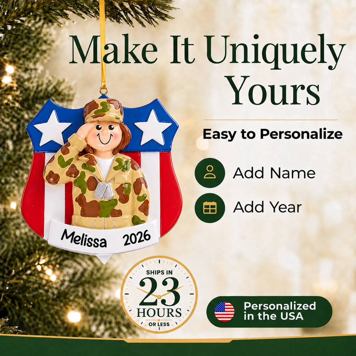 Personalize the female Army soldier Christmas ornament with your details, ships in 23 hours, personalized in the USA