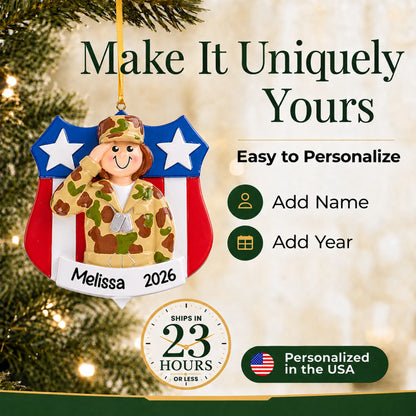 Personalize the female Army soldier Christmas ornament with your details, ships in 23 hours, personalized in the USA