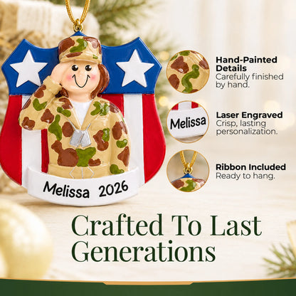 Close-up of the female Army soldier Christmas ornament: hand-painted finish, laser engraving, ribbon included
