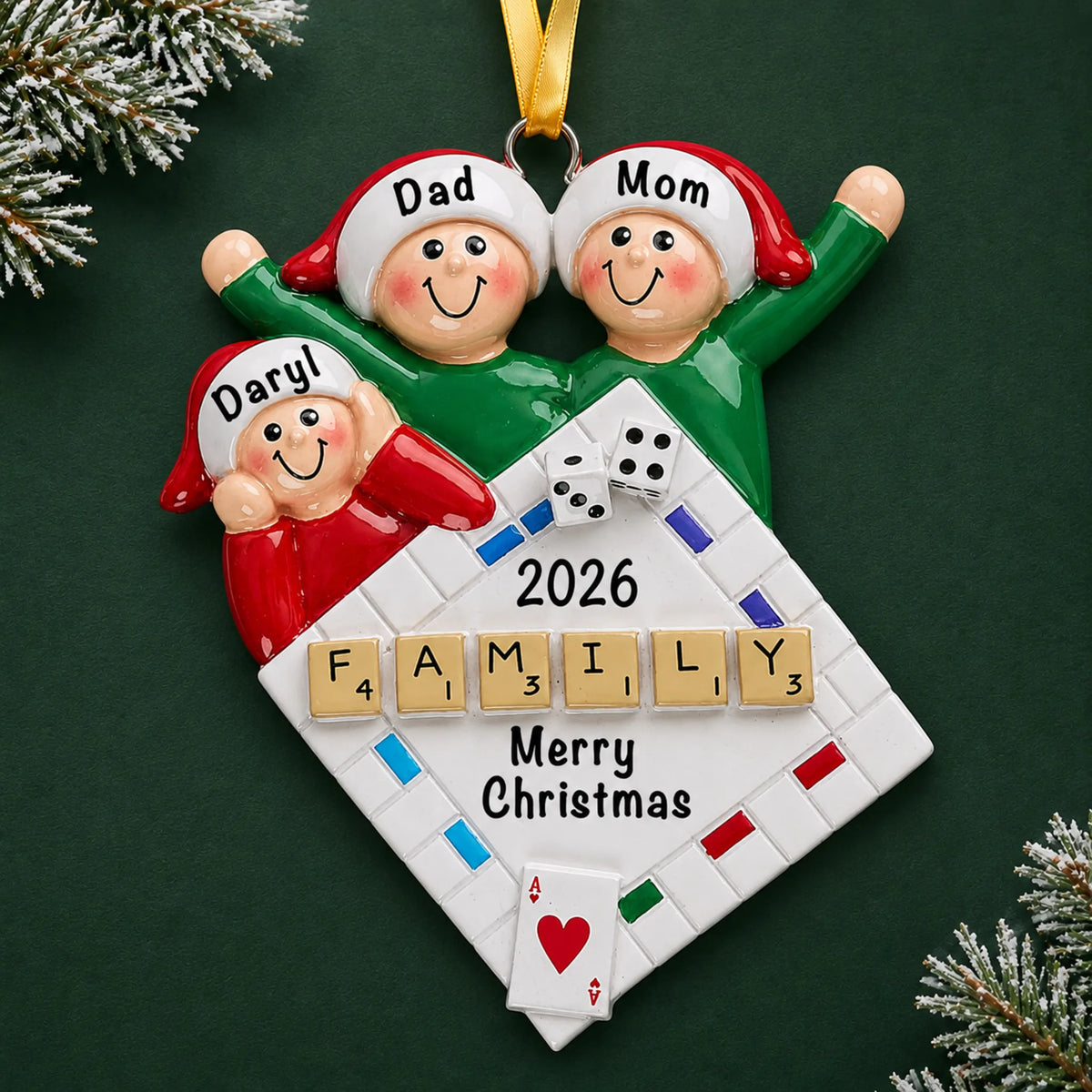Personalized game night family of 3 christmas ornament on a dark green pine background