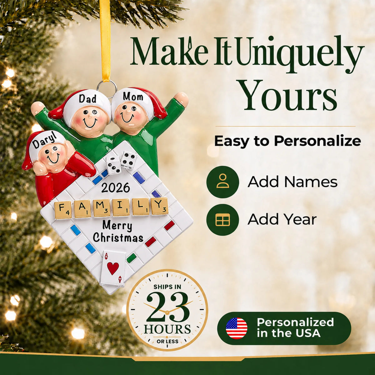 Make it yours: add names and year to the personalized game night family of 3 christmas ornament