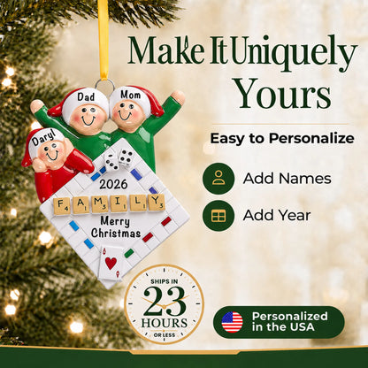 Make it yours: add names and year to the personalized game night family of 3 christmas ornament