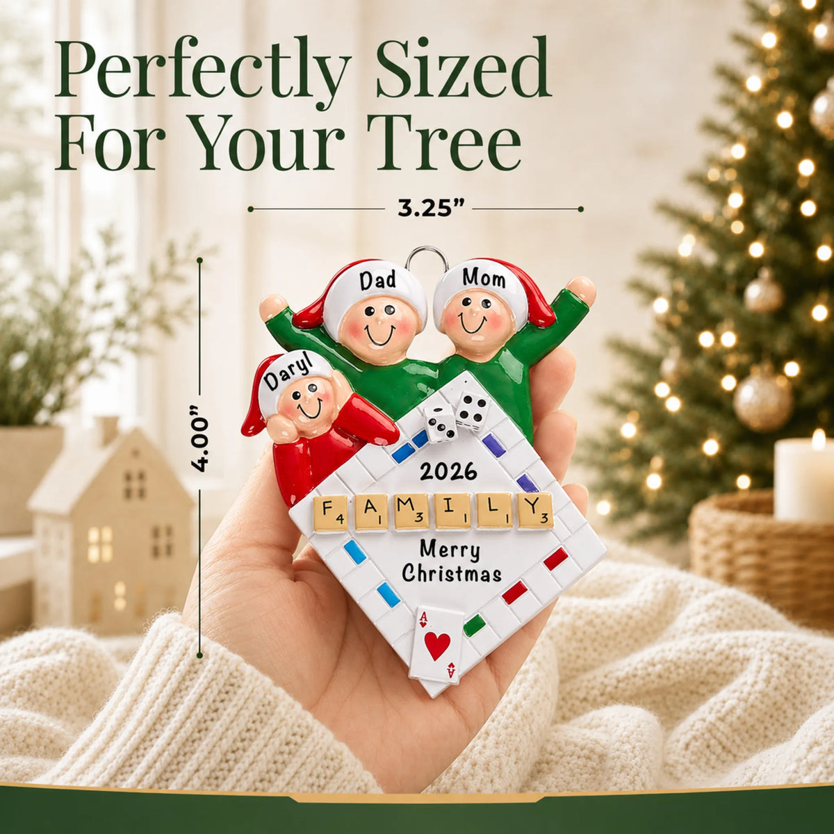 Size guide: the personalized game night family of 3 christmas ornament is 3.25 in wide by 4.00 in tall, shown in hand