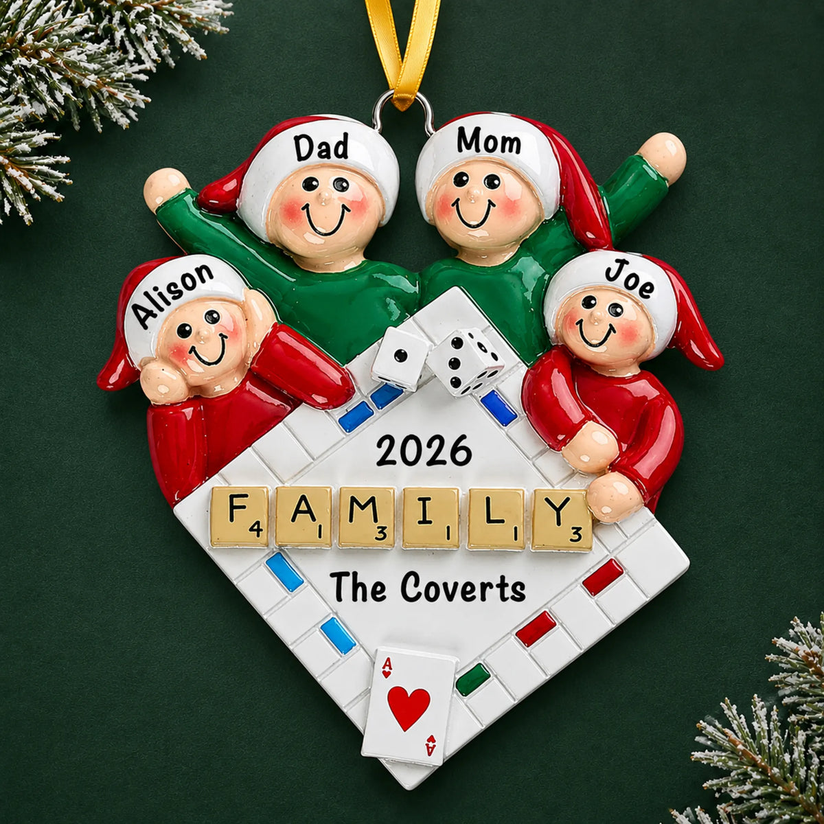 Personalized game night family of 4 christmas ornament on a dark green pine background
