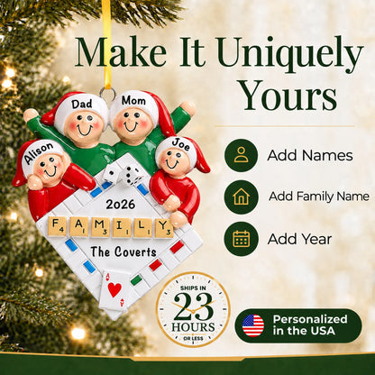 Make it yours: add names and year to the personalized game night family of 4 christmas ornament