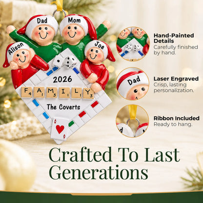 Hand-painted details and laser engraved personalization on the game night family of 4 christmas ornament, ribbon included