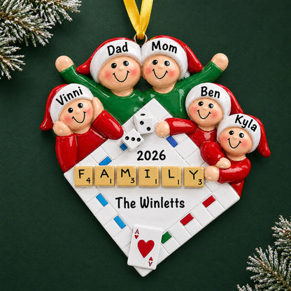 Personalized game night family of 5 christmas ornament on a dark green pine background