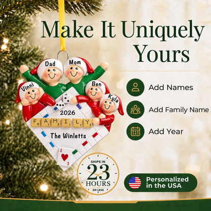 Make it yours: add names and year to the personalized game night family of 5 christmas ornament