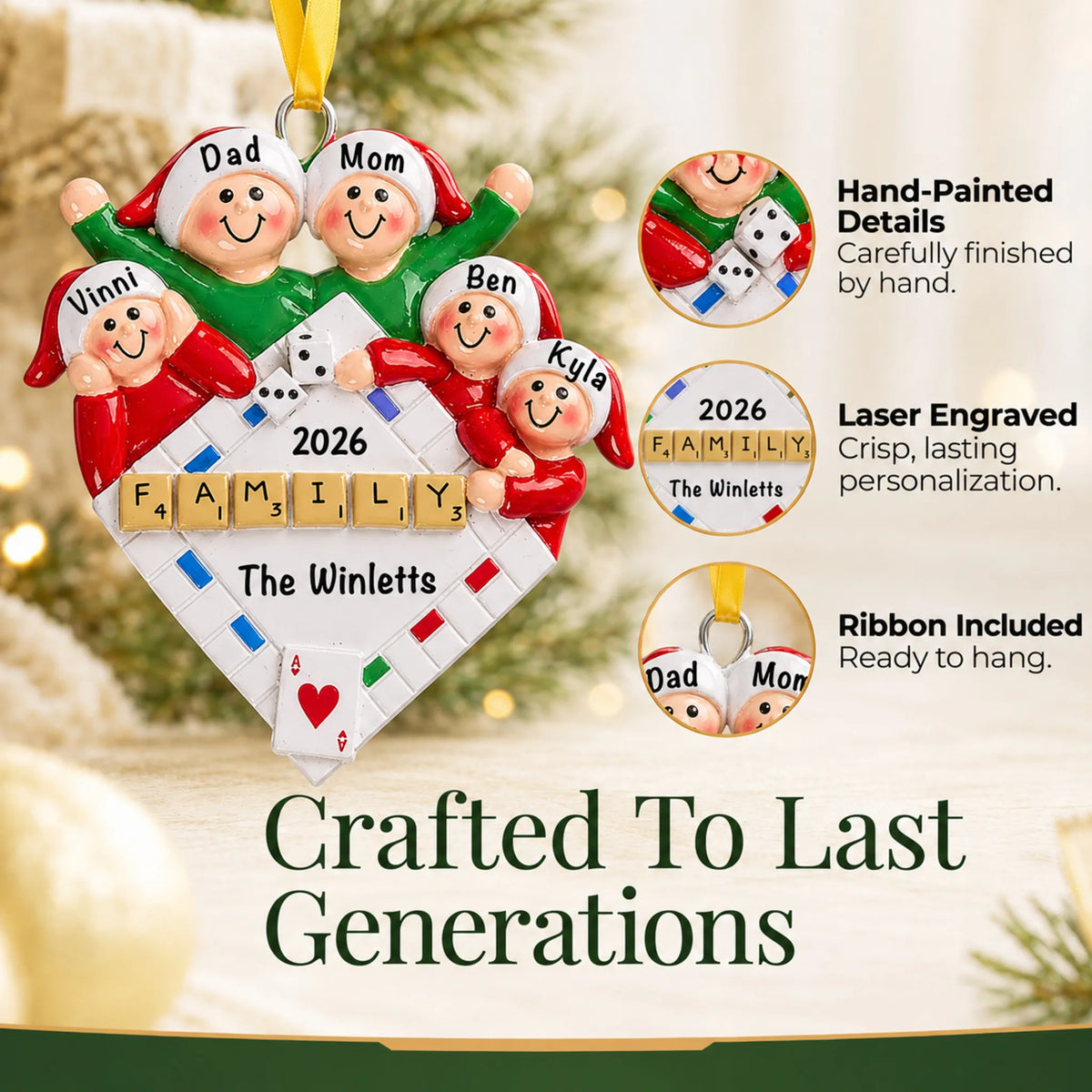 Hand-painted details and laser engraved personalization on the game night family of 5 christmas ornament, ribbon included