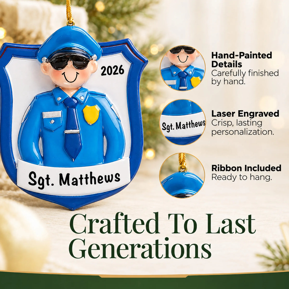 Hand-painted details and laser engraved personalization on the police officer guy christmas ornament, ribbon included