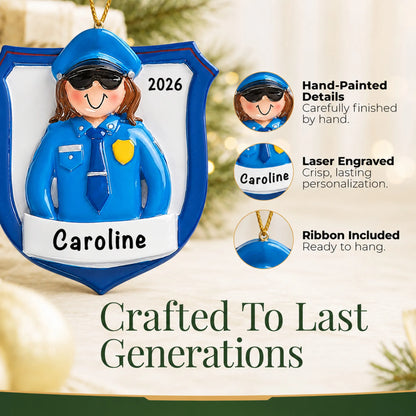 Hand-painted details and laser engraved personalization on the police officer woman christmas ornament, ribbon included