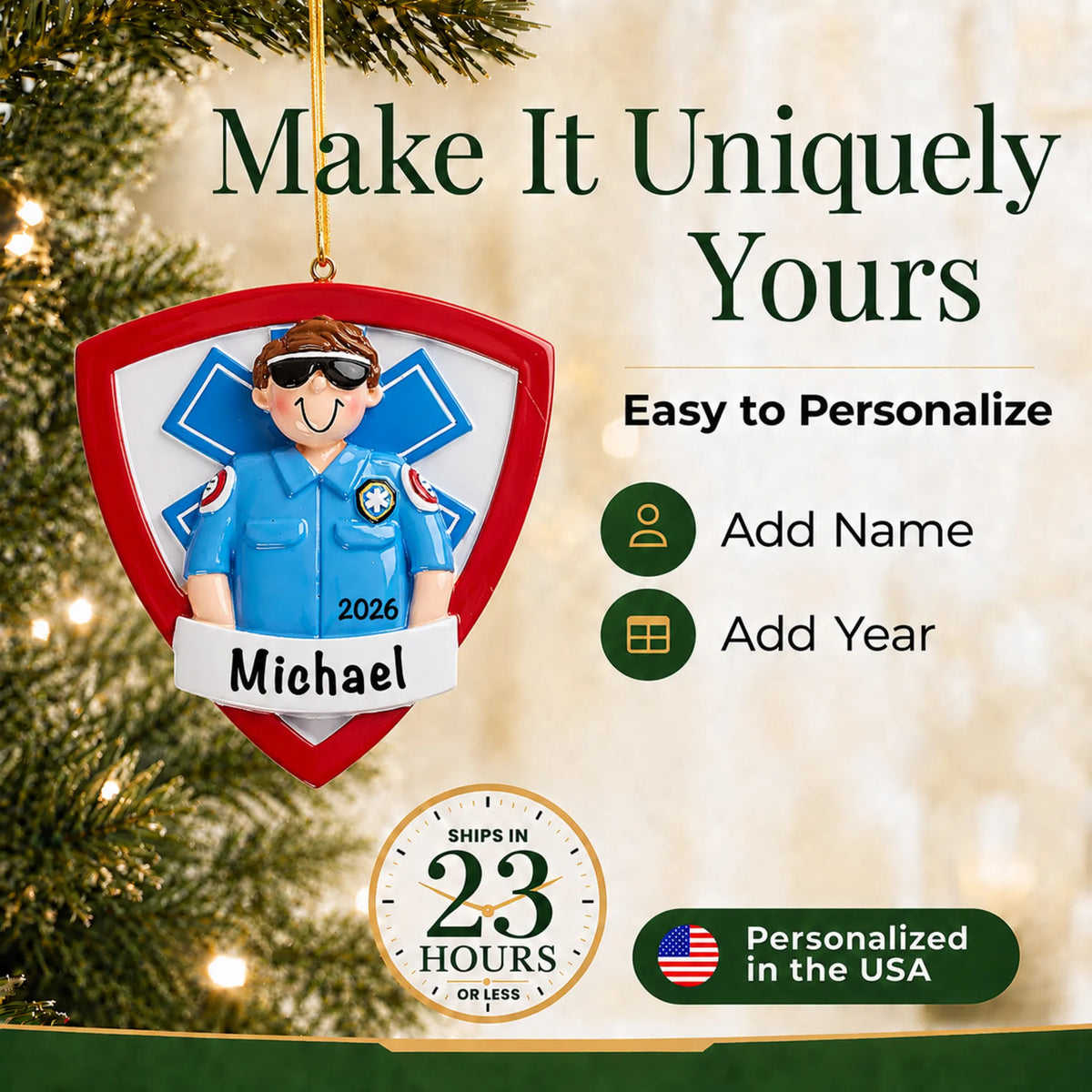 Make it yours: add name and year to the personalized EMT paramedic christmas ornament