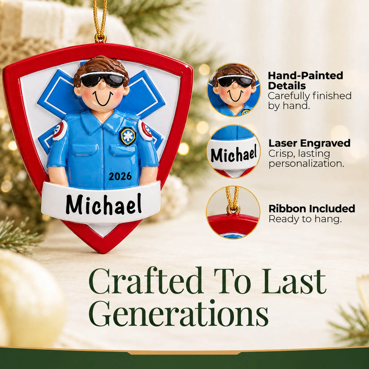 Hand-painted details and laser engraved personalization on the EMT paramedic christmas ornament, ribbon included