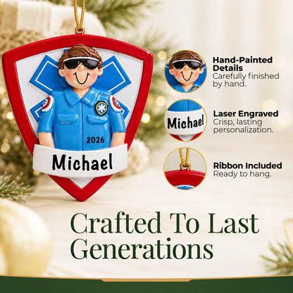 Hand-painted details and laser engraved personalization on the EMT paramedic christmas ornament, ribbon included