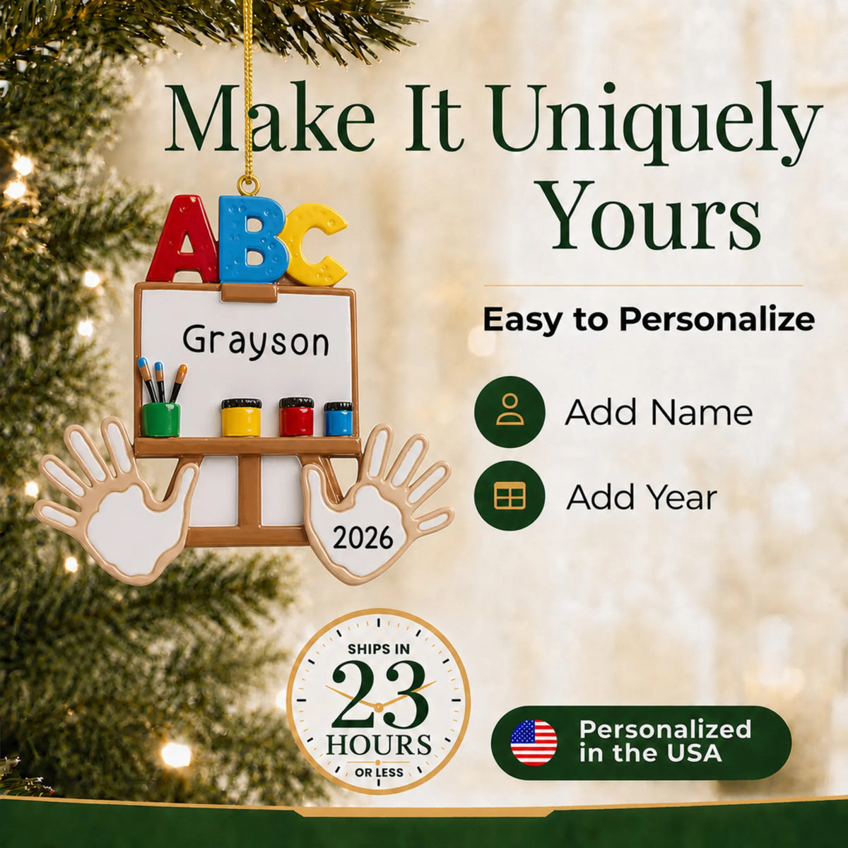 Personalize the kindergarten ABC Christmas ornament with your details, ships in 23 hours, personalized in the USA