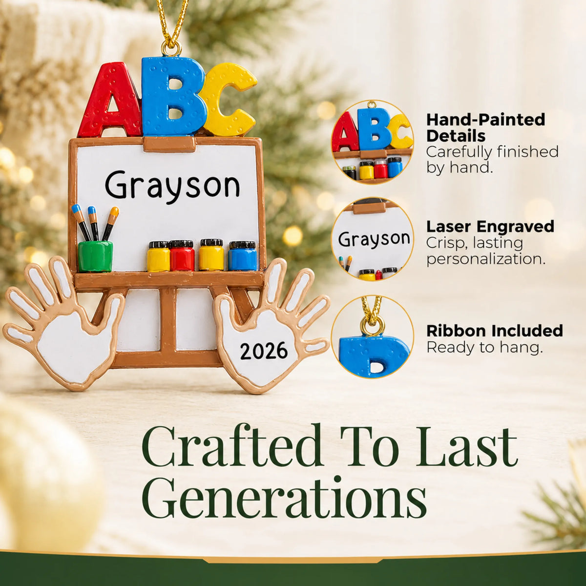 Close-up of the kindergarten ABC Christmas ornament: hand-painted finish, laser engraving, ribbon included
