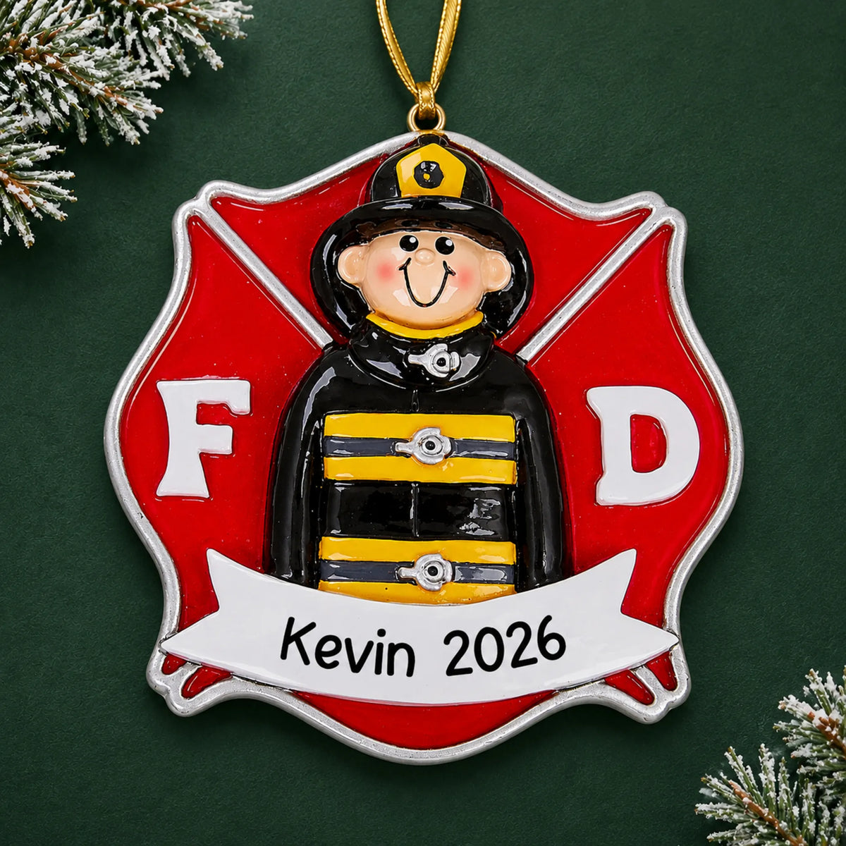 Personalized firefighter guy christmas ornament on a dark green pine background