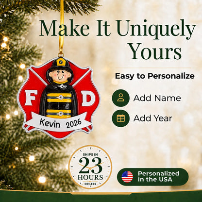 Make it yours: add name and year to the personalized firefighter guy christmas ornament