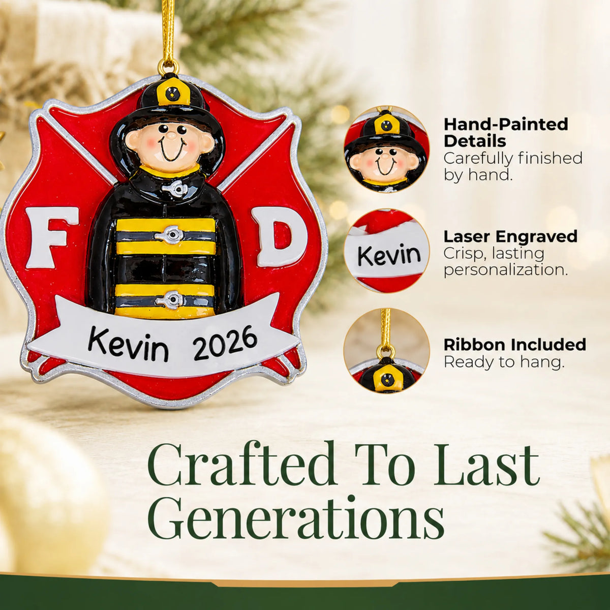Hand-painted details and laser engraved personalization on the firefighter guy christmas ornament, ribbon included