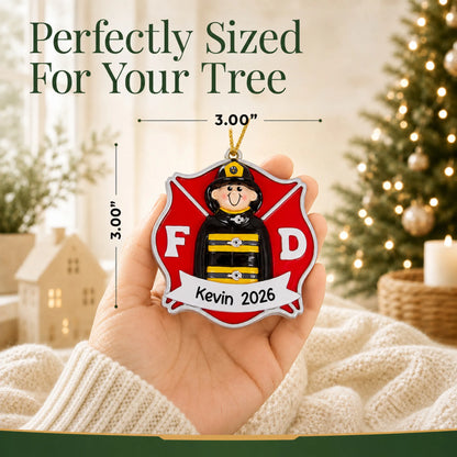 Size guide: the personalized firefighter guy christmas ornament is 3.00 in wide by 3.00 in tall, shown in hand