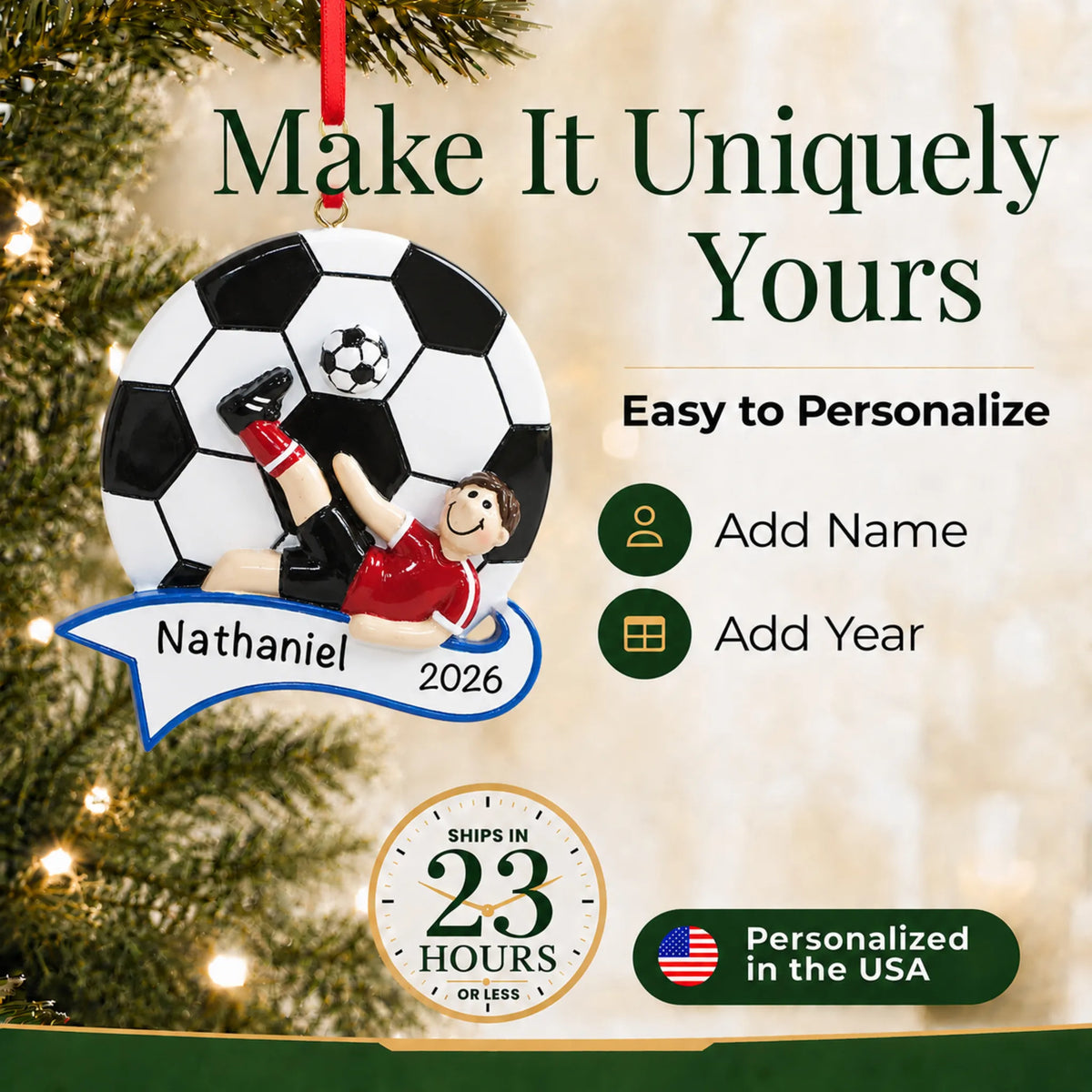 Make it yours: add name and year to the personalized soccer kick boy christmas ornament
