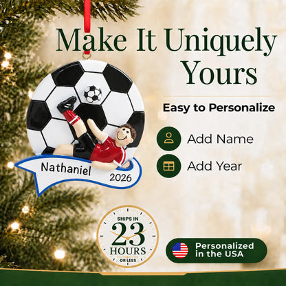 Make it yours: add name and year to the personalized soccer kick boy christmas ornament