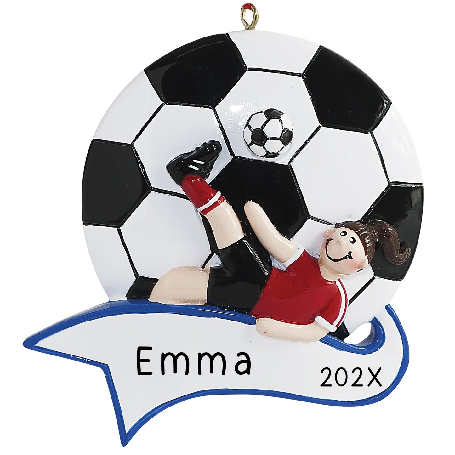 Personalized Christmas ornament featuring a smiling girl soccer player in a red and black uniform executing a bicycle kick against a soccer ball, with a blank blue and white banner ready for custom name engraving.