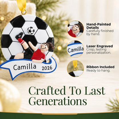 Hand-painted details and laser engraved personalization on the soccer kick girl christmas ornament, ribbon included